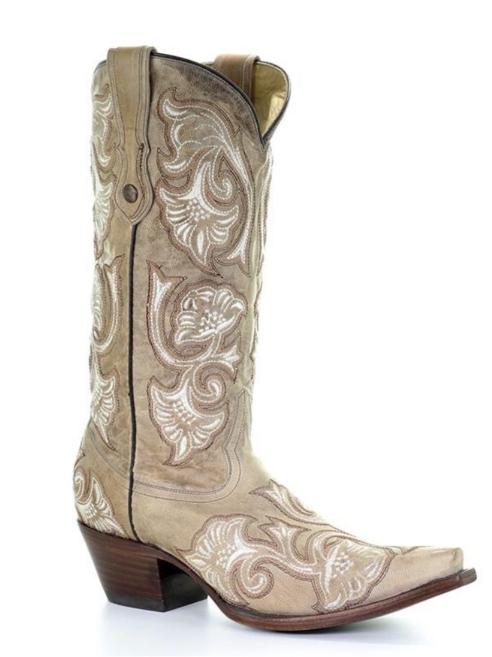 Women's Corral Western Beige White Embroidery Snip Toe Boots G1086 6.5
